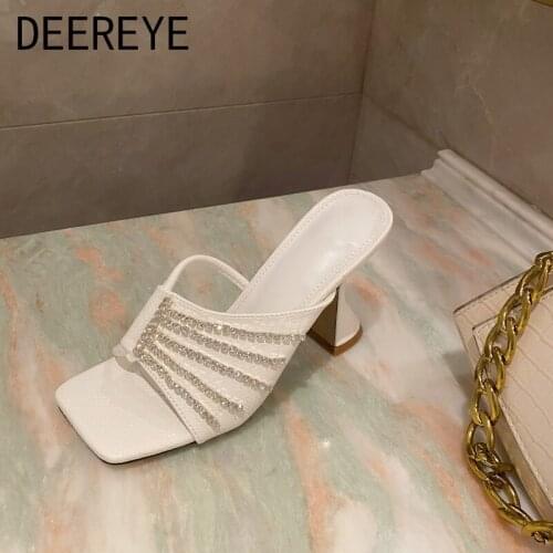 White Diamond Stripes Wine Glass High-Heeled Sandals Slip On Mules Slipper Elegant Medium Womens Side Hollow Square Toe Shoes