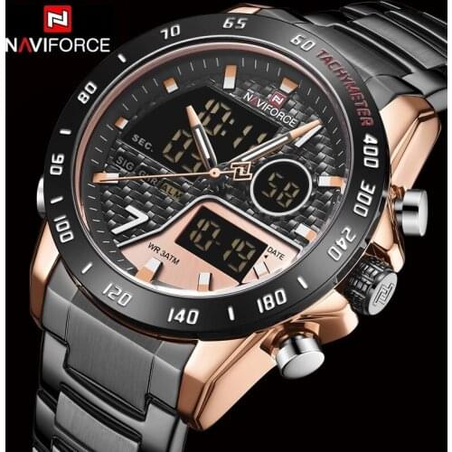 Top Brand Mens Watches Mens Quartz LED Digital Clock NAVIFORCE Stainless Steel Military Sport WristWatch Waterproof Relogio