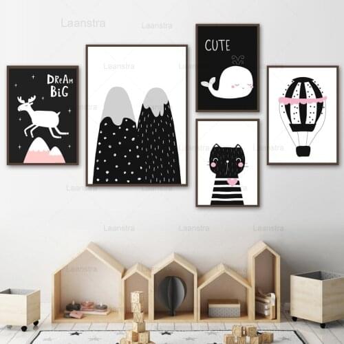 Black and White Cartoon Childrens Room Decoration Elk Mountain Peak Cute Whale Nursery Wall Decoration Art Posters and Prints