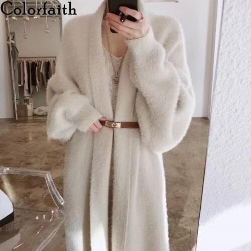 Colorfaith New 2021 Womens Autumn Winter Sweaters Elegant Oversized Long Cardigans Fake Mink Cashmere Vintage Tops SWC3088JX