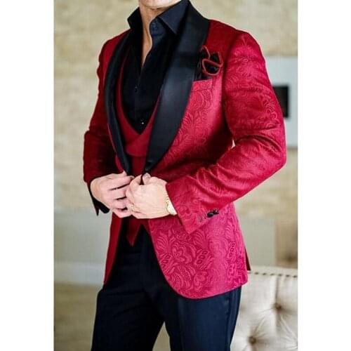 Tailor Made Fashion Handsome Red Jacquard Men Suits Slim Fit Tuxedo Groom For Wedding Beach Party Suits (Blazer + Pants + Vest)