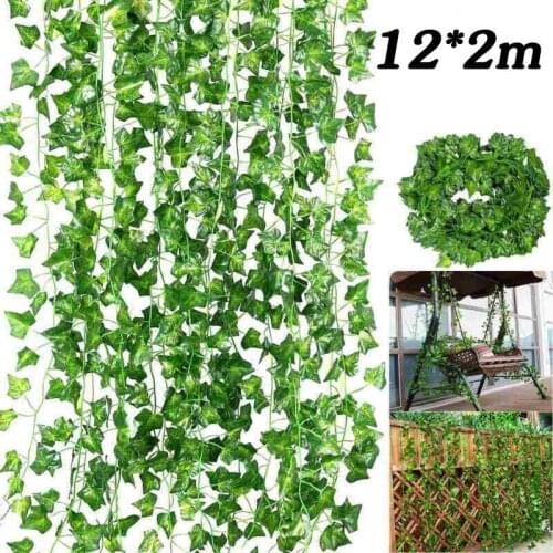 12pcs Green Silk Artificial Hanging Ivy Leaf Garland Plants Vine Leaves for Home Bathroom Garden Wedding Party Decoration