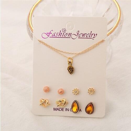 Women Jewelry Set ( 1 Necklace and 4 Pairs Earrings) Cute Pinecone Pendant Necklace Gold Silver Color Bohemian Stud Earrings