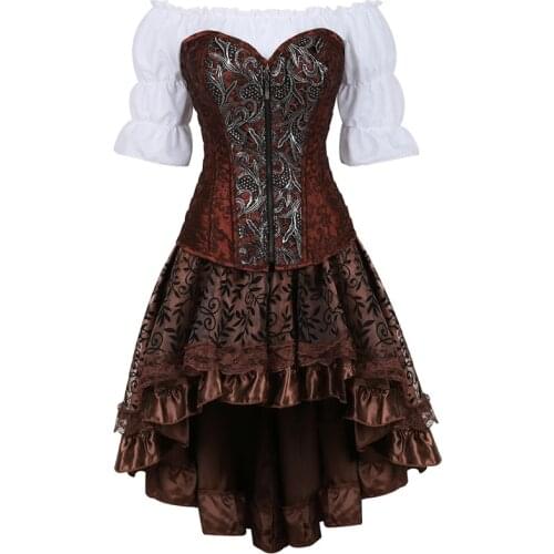 Steampunk leather bustier corset dress burlesque corset skirt 3 piece set pirate lingerie plus size cosplay masquerade brown