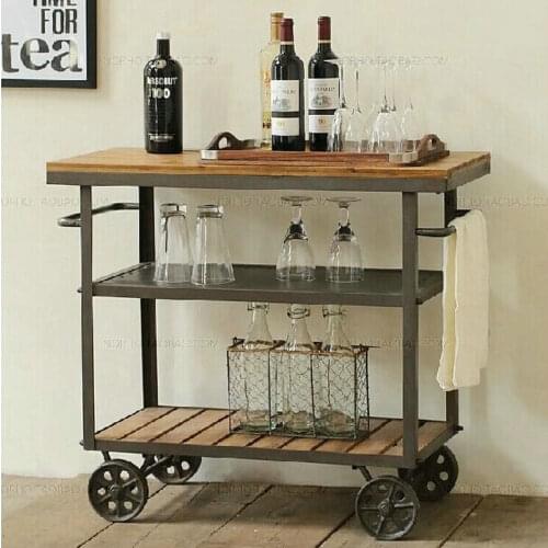 Custom American racks solid wood sideboard mobile retro wrought iron dining car bar trolley wine car industrial style