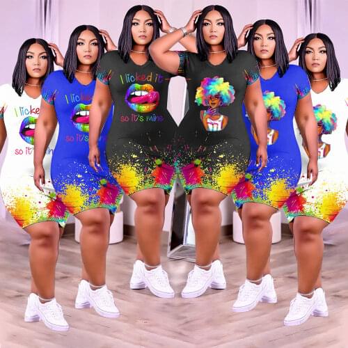 GH049 Wholesale Items Summer Ladies Dress Solid Color Black Printed Casual Short Sleeves Women Girls T Shirt Dress