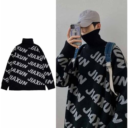 QNPQYX Autumn Sweater Korean Personality Letter Jacquard Turtleneck Knit Sweaters Men Loose Trend Thickening Bottoming Pullovers