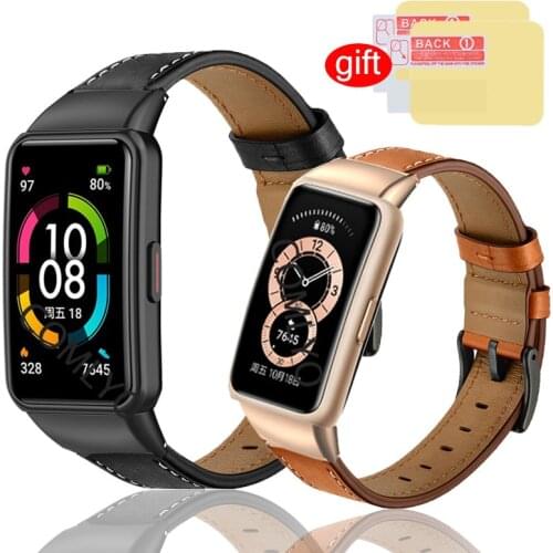 For Huawei Band 6 Strap Genuine Leather Smart Watch Belt for Honor Band 6 Bracelet Wristband Screen protector film Accessories