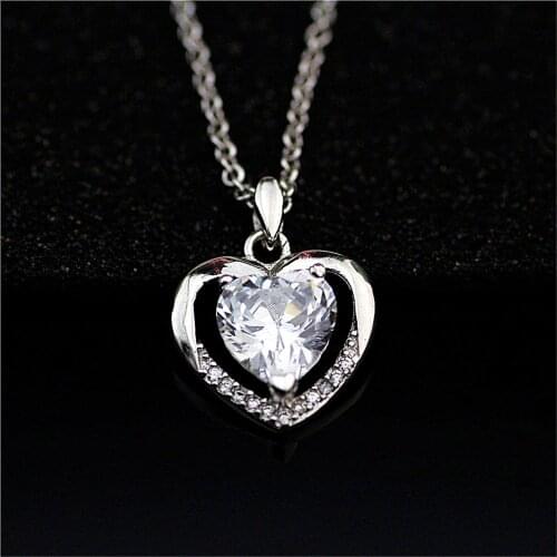 Heart Shape Sterling Silver Color Plated Crystal Pendant Necklace Wedding Party Gift With 1 18-inch Rolo Silver Chain