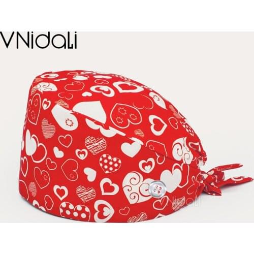 Red love Heart pattern balloon printing Adjustable Cotton Work Scrub Cap Bouffant Hat Head Scarf Pet Grooming Agency Scrubs Hats