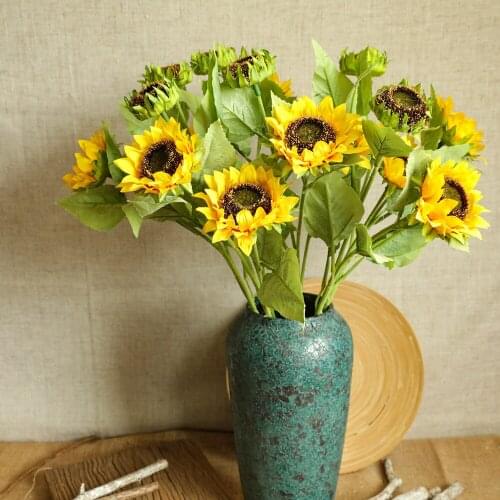 Wedding Decoration Crafts 3 Heads Sunflower Artificial Flower Green Plants Wholesale INS Decorative Sunflower Artificial Flower