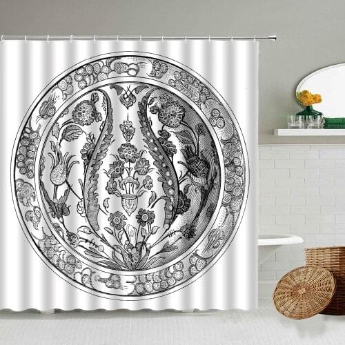 Black And White Floral Plant Vine Shower Curtain Retro Circular Design Bathroom Bathtub Blackout Waterproof Polyester Curtains
