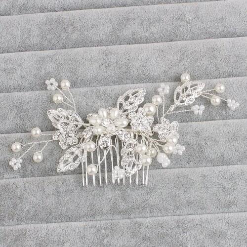 Floralbride Art Deco Clear Rhinestones Crystals Pearls Flower Leaf Wedding Hair Comb Bridal Hair Accessories Bridesmaids Women