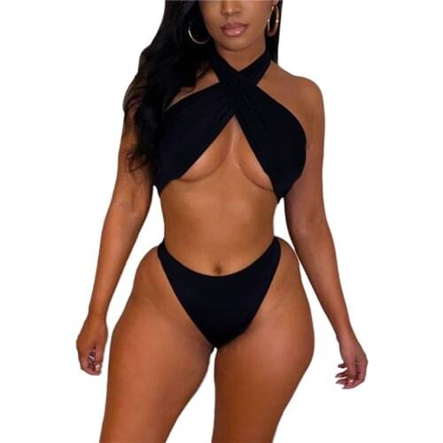 Women High Waist Bikini Set Solid Black Orange Brown Halter Neck Sleeveless Tops And Shorts Set Women Cross Neck Padded Swimsuit