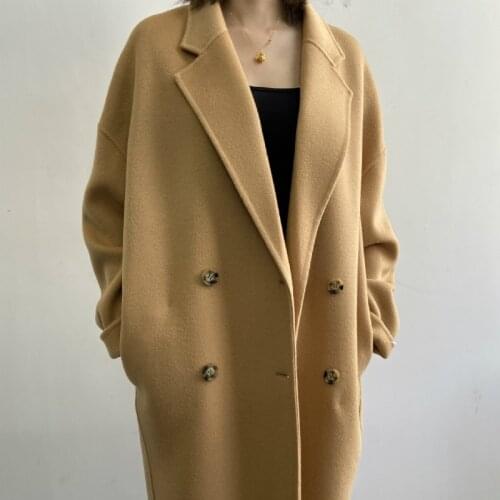 2021 Winter New Korean High End Handmade Loose Double Breasted Black Long 100% Wool Coat Women Casual Loose Woolen Overcoat