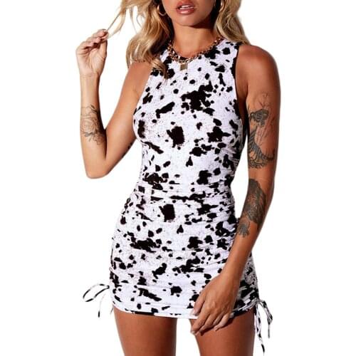 Women Close-Fitting Drawstring Sexy Dress Printed Pattern Sleeveless Round Neck Multicolor Sexy High Street Fashion Mini Dress