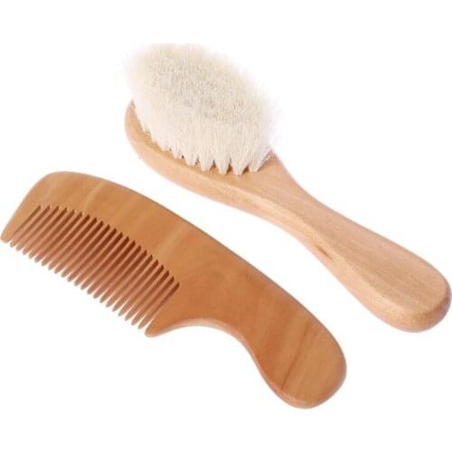 1 Set Baby Brush Comb Hair Head Massage Wooden Handle Wool Newborn Kids Care Kit