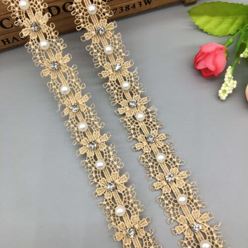 1 Yard Brown Pearl Beaded 3D Lace Trim Tape Lace Ribbon African Fabric Collar Wedding Dress Sewing Garment Headdress Materials