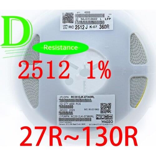 50PCS SMD Resistor 2512 1% RC2512FK-07 Series 27R 30R 33R 36R 39R 43R 47R 49.9R 51R 56R 62R 68R 75R 82R 91R 100R 110R 120R 130R