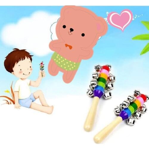 Babys Bell Rattle Rainbow Shaker Stick Educational Toy Handle Wooden Activity Bell Ring Rainbow Musical Instruments