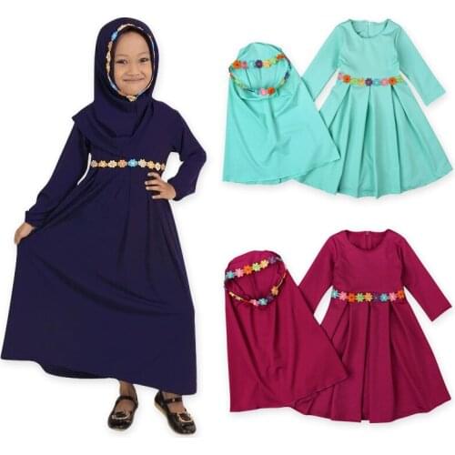 Muslim Kids Abaya Embroidery Maxi Dress Set Children Wear Suits Hijab Girl Long Robe Gowns Kimono Jubah Eid Ramadan Arab Islamic