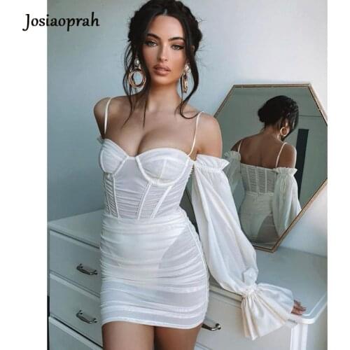 Josiaoprah Mesh Ruffles Lace Up Dress Women Long Puff Sleeve Zipper Sexy Party Dress Mini Ruched Summer Dress Vestidos 2021