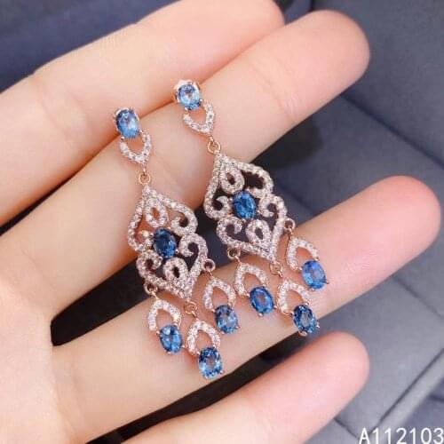 KJJEAXCMY fine jewelry 925 sterling silver inlaid natural blue topaz Girl elegant pattern gem Earrings eardrop support detection