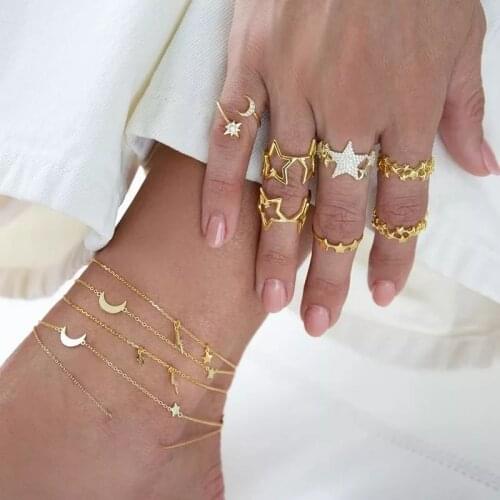 Trendy GoLd Color Hollow Stars Open Adjusted Finger Ring with clear CZ paved for women girl Sweet cute party jewelry wholesale