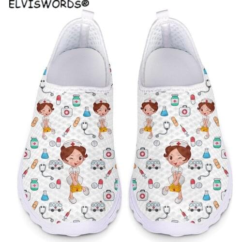 ELVISWORDS Pure Color Playful Lovely Nurse Design Breathable Ladies Air Mesh Sneakers Non-slip Womens Flats Shoes נשים נעליים