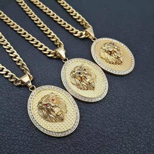 New Hip Hop Animal Ice Out Gold Color Titanium Stainless Steel Pave Rhinestone Lion Head Pendants Necklaces for Men Jewelry