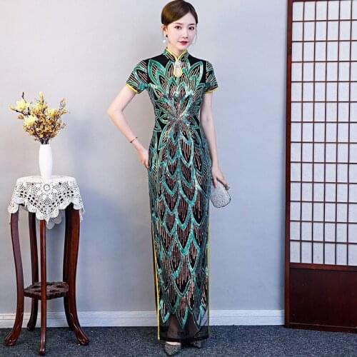 New Women Retro Elegant Sequins Long Fork Cheongsam Sexy Fashion Stage Show Party Dress Chinese Traditional Qipao Plus Size 5XL