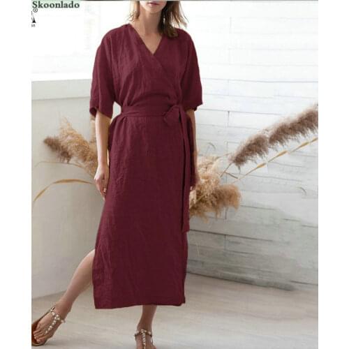 Women cotton linen long dresses summer fashion linen female dress healthy cloth women clothes elegant belt slim comfortable styl