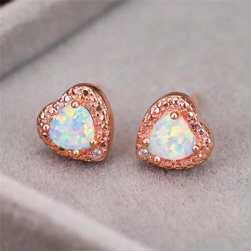 Rainbow Heart Stone Stud Earrings Cute Female White Blue Green Opal Earrings Rose Gold Silver Color Wedding Earrings For Women