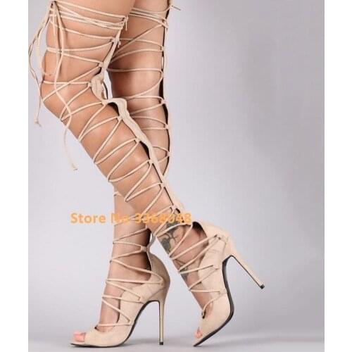 Cross-tied Rome Sandals Boots Over The Knee Open Toe Thin High Heel Shoes Runway Party Gladiator Long Boots Narrow Strap Shoes