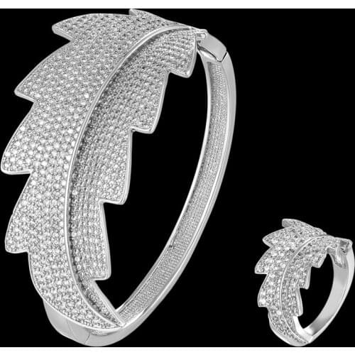 Funmode Luxury Leaf Shape Design CZ Pave Dubai Bangle Ring Jewelry Sets For Wedding Bridal Bijoux Sets Wholesale FS243