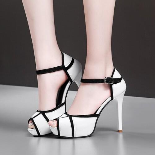 Summer Buckle Womens Sandals Women Shoes 8cm High-Heel Pumps Fish Mouth With Color Block Thin Heels Buckle Strap Female Sandals