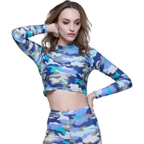 SBART 1PC Camouflage Cropped Rash Guards Women Swimming T Shirts Tops Long Sleeve Female Swimwears Surfing Swimsuits Wetsutis CO