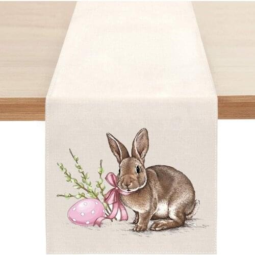 Easter Rabbit Print Tablecloth Rectangle Decorative Table Runner Cotton Linen Desktop Cloth for Kitchen Dining Room Home Textile