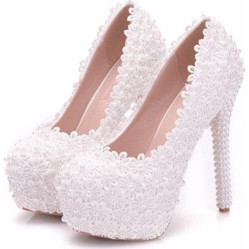 Shoes Woman Pumps women pumps wedding Party banquet Lace PU Rhinestones Slip On 14CM Thin High Heels Round Toe women shoes white