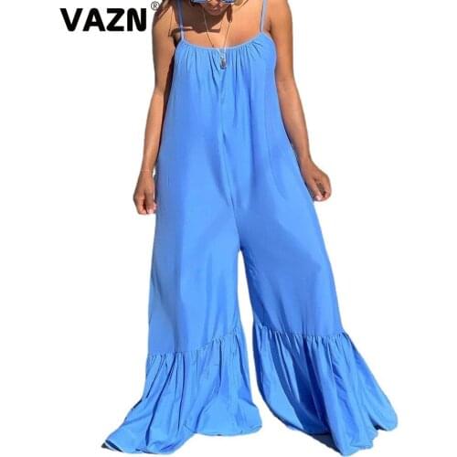 VAZN 2021 Spring New Blue Young Plus Size Elegant Wide Leg Jumpsuits Spaghetti Strap Sexy Joker Sweet Women Loose Jumpsuits