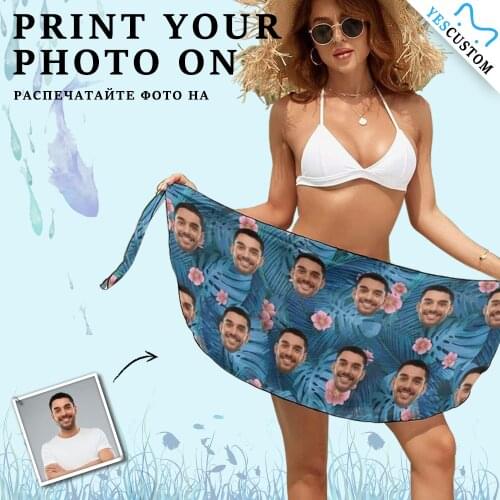 Women Custom Photo Face Cover Up Silky Short Sarongs Scarf Beach Wrap Skirt Cotton Personalize Cute Swimwear Bottoms Pool Party