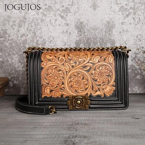 JOJUJOS Genuine Leather Crossbody Bag Female Bag Messenger Bag Vintage Carved Flower Purses and Handbags Luxury Designer Bags