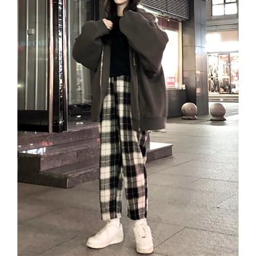 2021 Harajuku Plaid Pants For Women Korean Fashion Urban Oversize Womens Trousers Streetwear Summer Casual Wide Woman Clothes