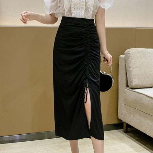 Female Skirts Folds Drawstring High Waist Womens Skirts 2021 Spring Slim Casual Midi A-Line Skirt Women Clothing Mujer Faldas
