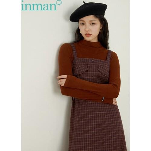 INMAN Womens Strap Dress Elegant Lady Classic Vintage Plaid Mid-length All-Match Female Clothing With Belt Design