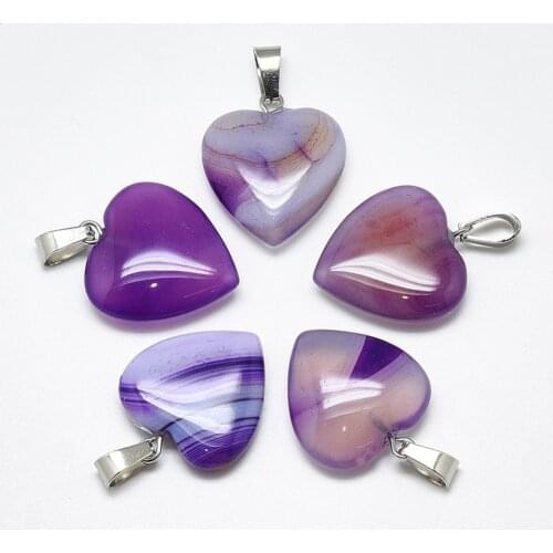 10pcs Dyed Natural Banded Striped Heart Pendants for Necklace Jewelry making, with Stainless Steel Snap On Bails F75