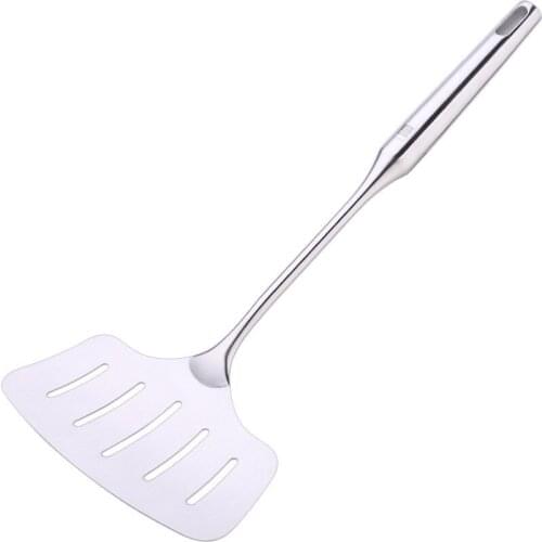 304 Stainless Steel Kitchenware Long Handle Leeks Deep Fried Fish Kitchenware Flat Bottom Shovel Thickened Widened Steak Spatula