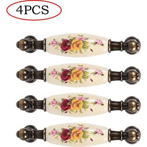 4PCS Rose Flower Ceramic Bronze Door Handle Cabinet Cupboard Drawer Closet Knobs Pull Replacement DIY Home Furniture Hardware
