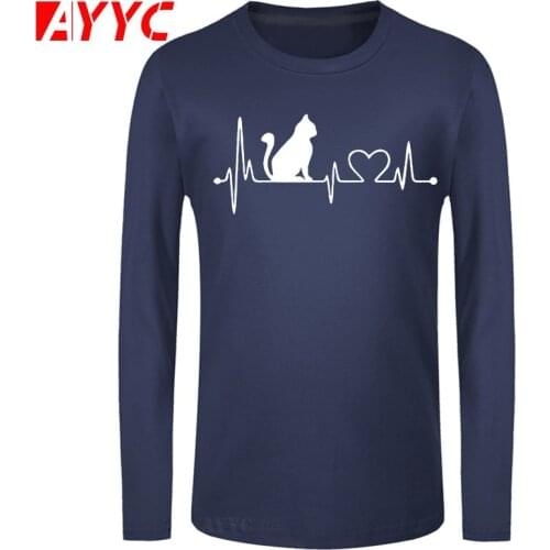 AYYC long sleeve tee Cotton Cool Summer Loose Men T Shirt Casual Cat Heartbeat Print Tshirt Male Funny T-shirt Tops Tee