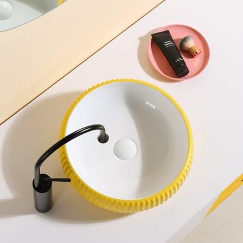 Balcony Homestay Small Bathroom Wash Basin Matte Yellow Round Above Counter Basin Vanity Bathroom Counter Sink 40x40cm